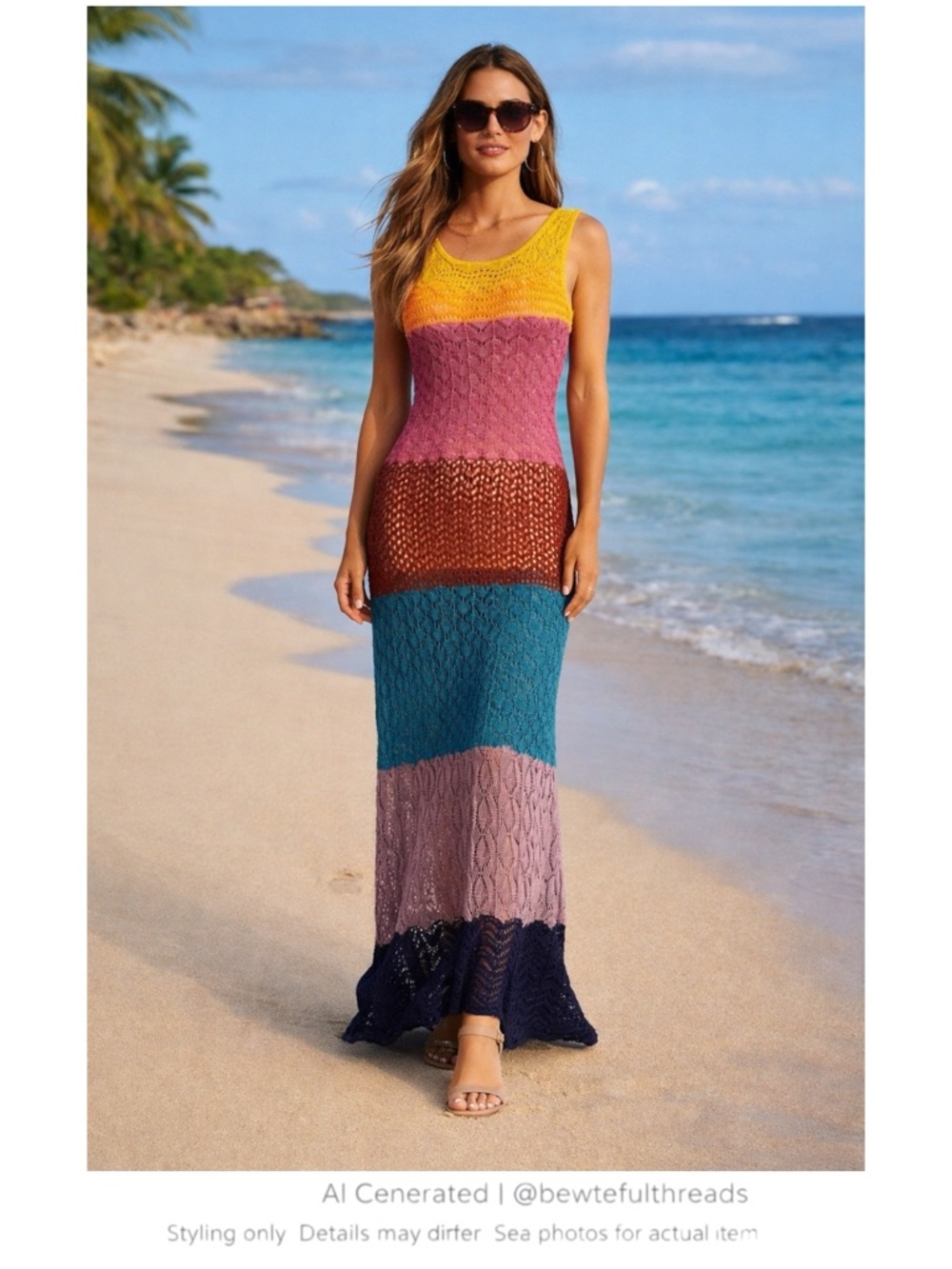 Gabrielle Union Crochet Maxi Dress Colorblock Open Knit Boho Resort Dress M